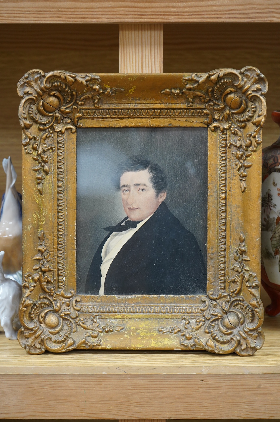 Mosely, Portrait of J. W. Morris, 1842, various ink inscriptions verso including 'Left by his widow, Augusta Morris, 1857', watercolour, 16 x 13cm, ornate gilt frame